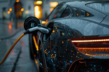 Power supply connect to electric vehicle for charge to the battery Charging technology industry transport which are the futuristic of the Automobile EV fuel Plug in hybrid car, Sho