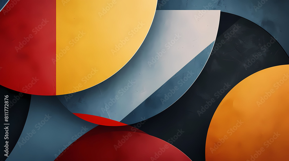 Poster minimalist composition with overlapping geometric shapes and a red balloon in the foreground