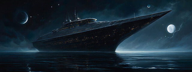 Spectral Shadow: Haunting Alien Warship Drifting Through the Cosmos in dark environment, 