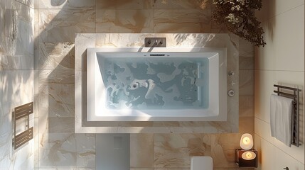 Bathroom design, A rectangular bathtub is in the middle, the bathtub is built on a raised platform. top view. Generative AI.