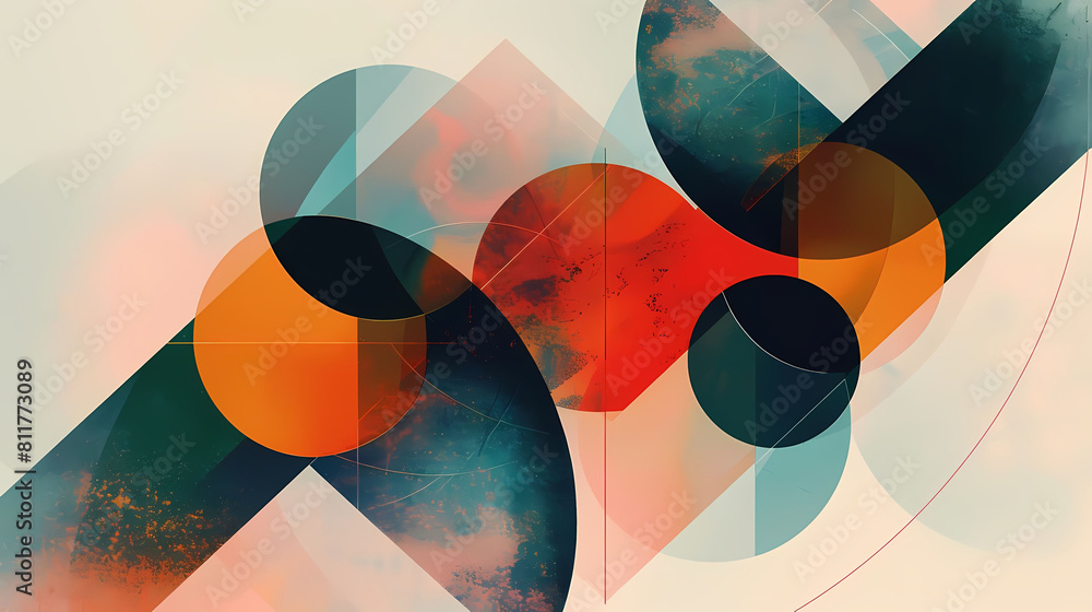 Poster minimalist composition with overlapping geometric shapes and a red and orange circle