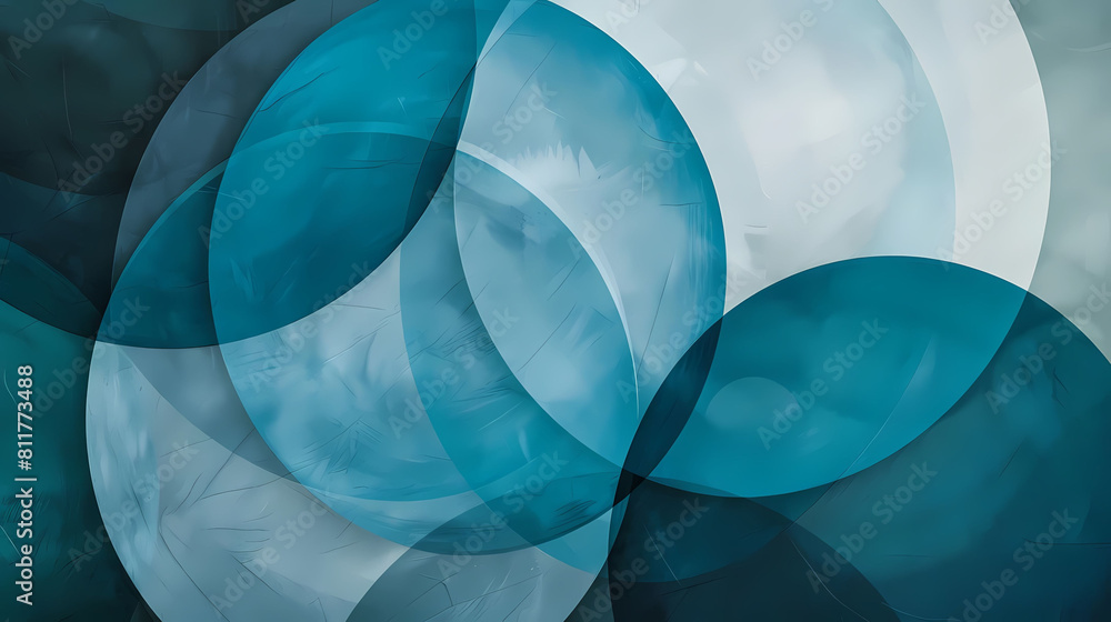 Poster minimalist composition with overlapping transparent circles and a blue balloon