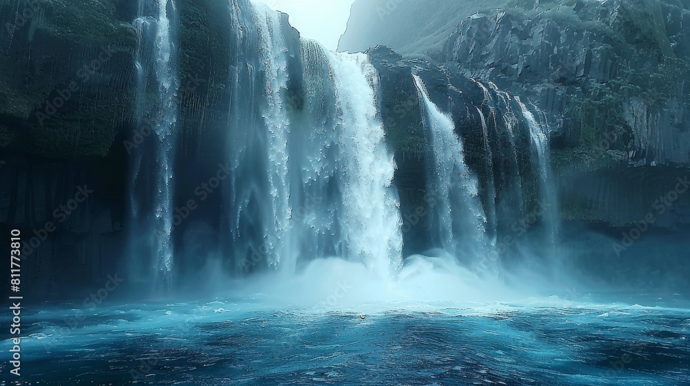 Poster An ancient waterfall is pouring down into crystal blue waters with misty rain and fog creating a mysterious atmosphere. Generative AI.