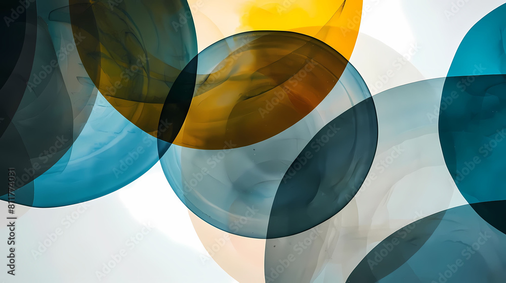 Poster minimalist composition with overlapping transparent circles and a blue balloon
