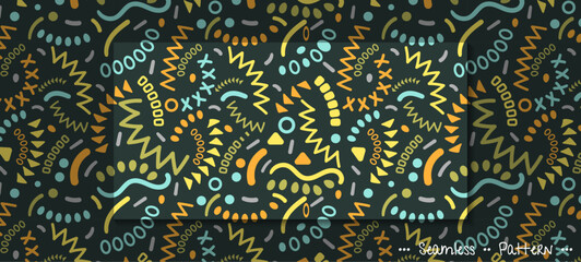 Simple hand drawn, scribble line and geometric shape, child doodle art style. Abstract graphic design. Vector seamless pattern. Illustration design for print fabric, textile and wallpaper background