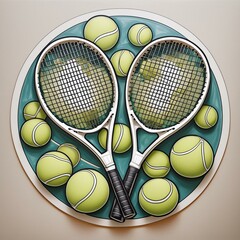 Circular Tennis Stickers showcasing illustrations of tennis rackets and balls