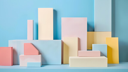 minimalist composition with pastel color blocks on a blue background