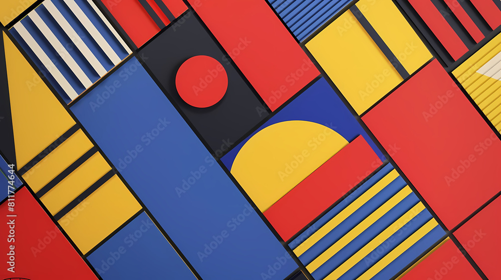 Poster minimalist geometric patterns in primary colors displayed on a yellow wall, with a red circle in the