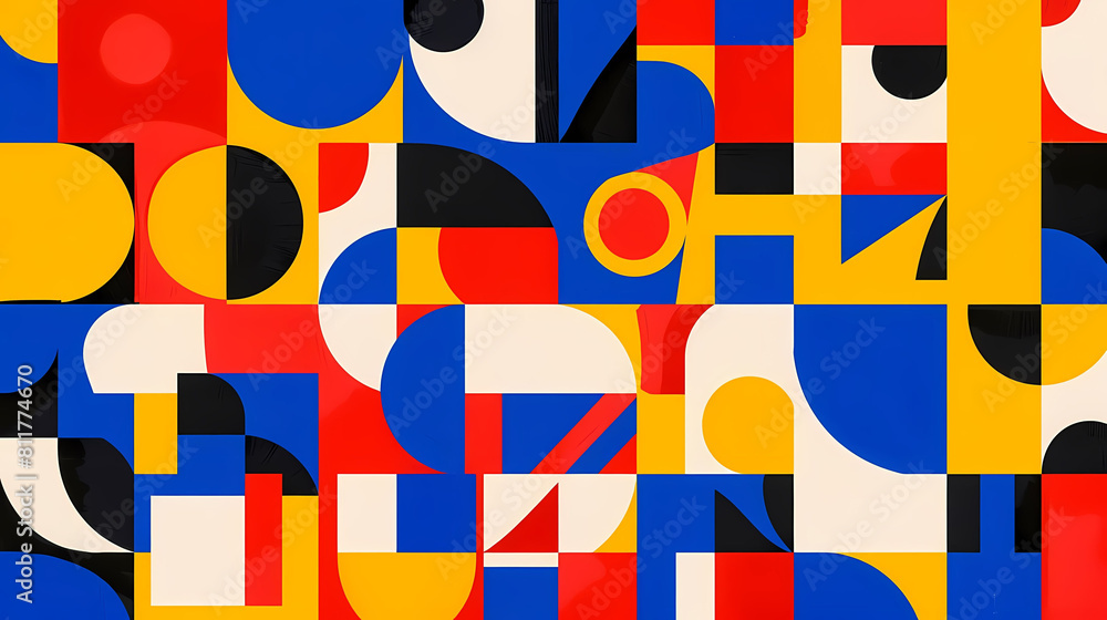 Poster minimalist geometric patterns in primary colors displayed on a colorful wall