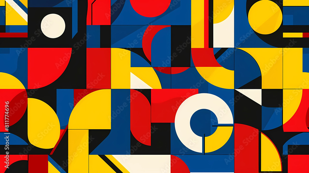 Aufkleber minimalist geometric patterns in primary colors displayed on a colorful wall