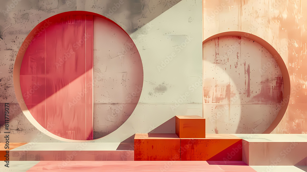 Poster minimalist geometric shapes in contrasting tones create a striking contrast against a white wall, wi