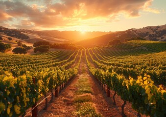Fototapeta premium Sun setting behind rows of vines in a vineyard
