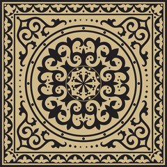 Vector golden with black Square Kazakh national ornament. Ethnic pattern of the peoples of the Great Steppe,