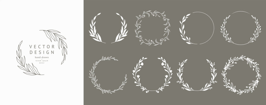 Floral circle frame. Hand drawn elegant botanical round borders, wreaths with branches, leaves and flowers in line art and silhouettes. Vector isolated set for wedding invitation, card, logo design