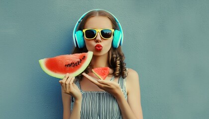 Summer fashion portrait of young woman in headphones listening to musi