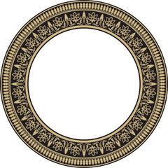 Vector round gold and black Indian national ornament. Ethnic plant circle, border. Frame, flower ring. Poppies and leaves