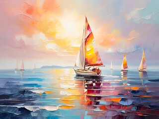 Vibrant Seascape Impressionism Colorful Oil Painting on Canvas Texture with Sunlit Background, Featuring Boats and Sailboats. Abstract Contemporary Art for Backdrops
