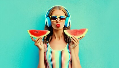 Summer fashion portrait of young woman in headphones listening to musi