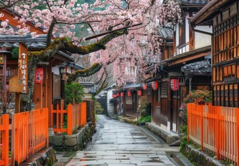 Fototapeta premium Traditional Japanese street, architecture, minimal, stunning cherry blossoms, clean, created with AI