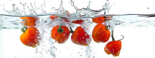 Closeup of fresh and health tomato and Pepper falling into the water splash