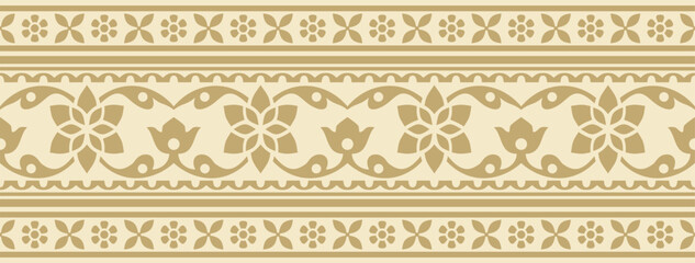 Vector seamless gold indian national ornament. Ethnic endless plant border. Flowers frame. Poppies and leaves