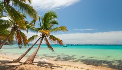 Sunny tropical Caribbean beach with palm trees and turquoise water, caribbean island vacation