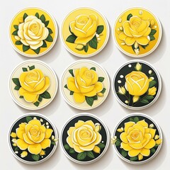  Circular Yellow Rose Stickers showcasing sunshine blossoms in full bloom