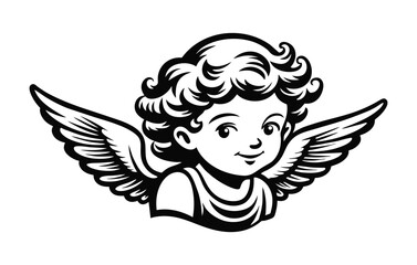Cute Cupid with shooting an arrow engraving art vector. Outline little angel, amur baby. Design for Valentines day, cards, posters, template