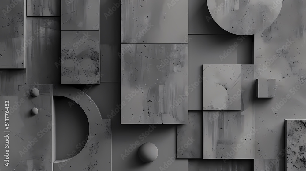 Poster minimalist geometric shapes in monochromatic palette displayed on a white wall, with a circular obje