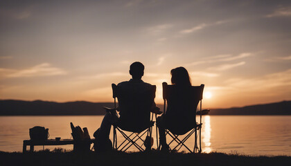 Fototapeta na wymiar ilhouette of couple sitting on camping chair and watching sunset view 