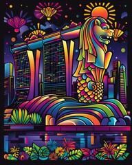 Colorful poster featuring an artistic cityscape with towering buildings