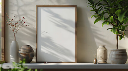 Empty blank picture frame mockup on the table with potted plants