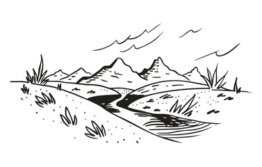 Fototapeta premium Mountains and river landscape doodle vector illustration