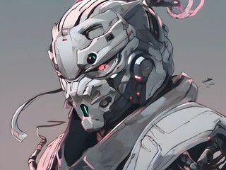 Fototapeta premium Edgy cyberpunk anime teen with a striking oni mask aesthetic