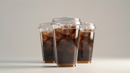 A lifelike clear throwaway cup, a transparent plastic cup mockup with a lid, an iced coffee, 3D modeling, and rendering