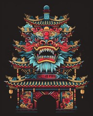 A traditional Chinese building with a dragon head on top, symbolizing power and protection