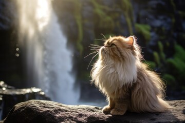 Medium shot portrait photography of a curious persian cat licking a paw while standing against majestic waterfall