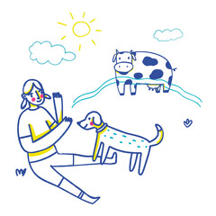 Girl with animals outdoors