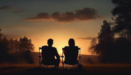 ilhouette of couple sitting on camping chair and watching sunset view
