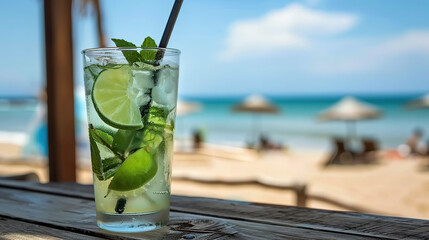 Mojito at a serene beach setting, offering a refreshing escape and a tropical sip of relaxation