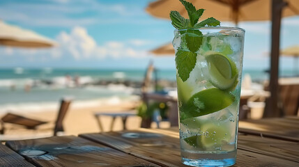 Mojito at a serene beach setting, offering a refreshing escape and a tropical sip of relaxation
