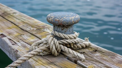 Fototapeta na wymiar Close-up of a nautical mooring rope with its knotted end wrapped around a cleat on a wooden pier