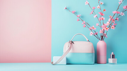 Stylish bag and decorative cosmetics on color background