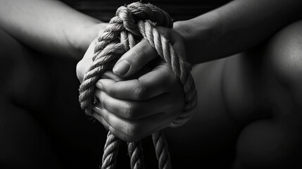 Conceptual monochrome picture of a woman's hands bound with a rough rope, separated on a dark background by selective lighting