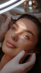 A beautiful girl, demonstrates permanent eyebrow makeup in a beauty salon