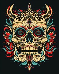 Obraz premium Stunning skull adorned with animalistic totemic designs against a black backdrop