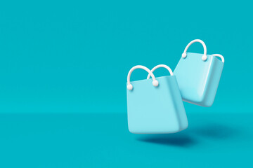 3D rendered illustration of flying shopping bags on a dark blue background. For market, decoration, shop, marketing