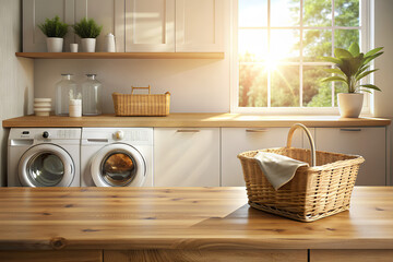 empty shiny wooden counter top for products display in laundry room with a washing machine and a basket. Background. Morning sunlight