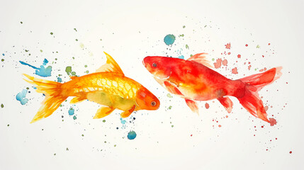 a watercolor painting of fish with a red pepper and orange fish, in the style of minimalist