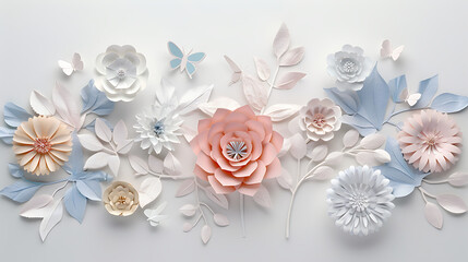 Pastel color papercut flowers with butterflies on white background 